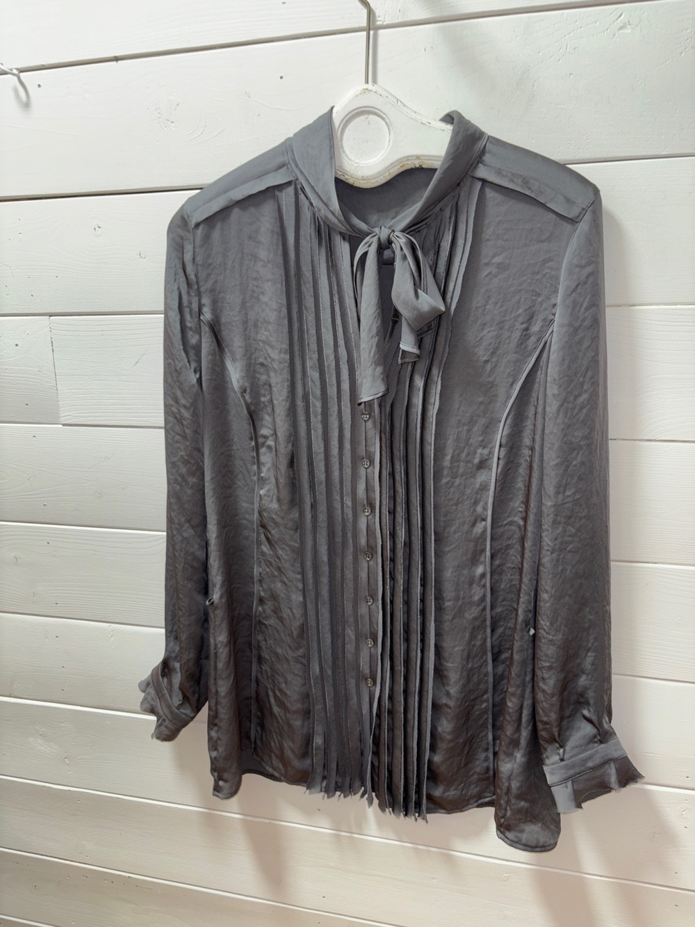 LUISA CERANO Gray Satin Tie-Neck Blouse Size 10 - Picture 4 of 12